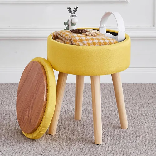 Miniatura 8 de Otomana de Almacenamiento Taburete, Taburete de Tocador Redondo de Terciopelo Teddy, Taburete con Bandeja Superior y Patas de Madera, Otomana