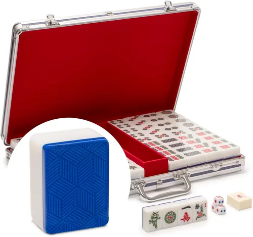 Yellow Mountain Imports Juego de mahjong chino, "Azure Fortune" con 146 azulejos grandes, caja de aluminio, indicador de viento y dados, sin números