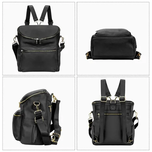 Miniatura 3 de Mochila para pañales, mochilas de cuero de moda para mamá, bolsas de pañales para bebés pequeños con organizador en bolsa y cambiador, Negro, M