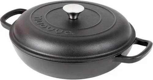 Horno holandés de hierro fundido con tapa – Olla de horno holandés poco profunda antiadherente, apta para horno hasta 500 ° F – Olla de cocción Negro