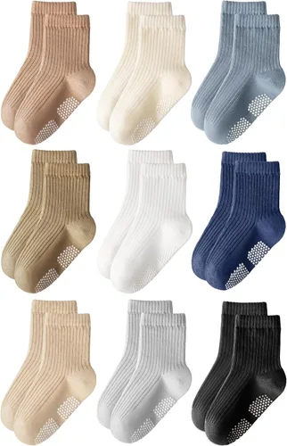 HONGTEYA 9 pares de calcetines para niños pequeños, calcetines antideslizantes de algodón para bebés con agarres de 0 a 5 años