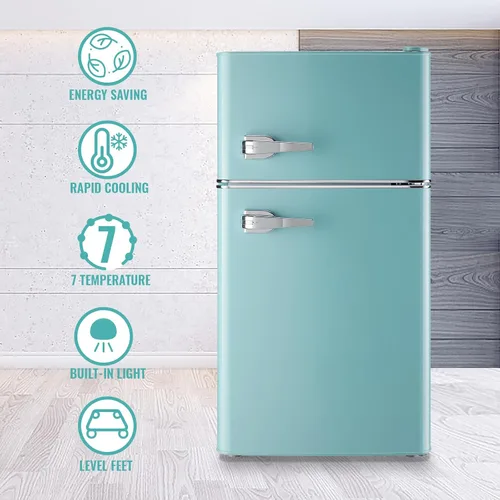 Miniatura 3 de WANAI Mini Refrigerador Compacto Pequeño con Congelador, Mini Refrigerador Retro con Doble Puerta, 7 Termostato Ajustable, Estantes Ajustables Para