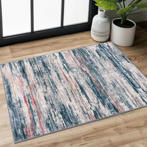 Miniatura 37 de SIILOOM 2 x 3 Alfombra moderna y abstracta para entrada, alfombra neutra azul marino gris multicolor súper suave de área pequeña, alfombras lavables