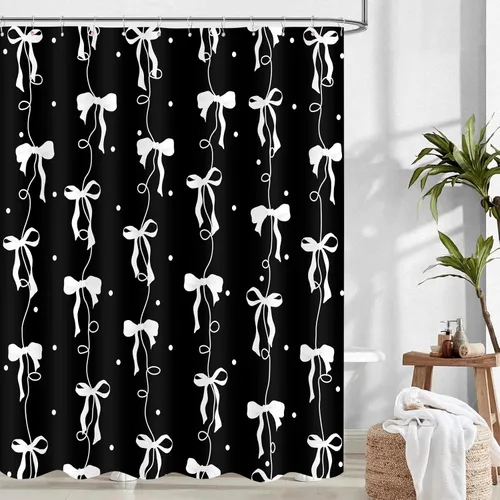 Miniatura 11 de Cortina de ducha con lazo negro, bonita cortina de ducha coqueta estética para adolescentes y niñas, decoración de tela impermeable con 12 ganchos