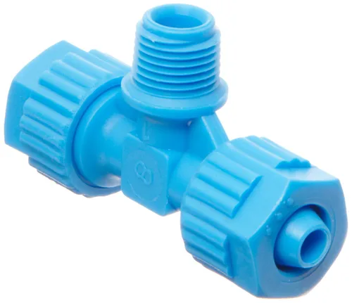 Tefen Tubo de compresión de polipropileno de fibra de vidrio, adaptador en T, azul, tubo de 0.315 in de diámetro exterior x 1/4" BSPT macho x tubo
