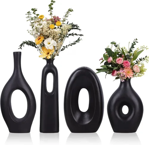Juego de 4 jarrones de cerámica color negro, jarrones redondos y huecos bohemios para decoración de hierba y flores de las pampas, jarrones pequeños