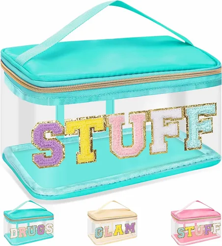 Miniatura 20 de izuzta Bolsas de maquillaje transparentes con letras de chenilla, bolsa de maquillaje de parche preppy con asa