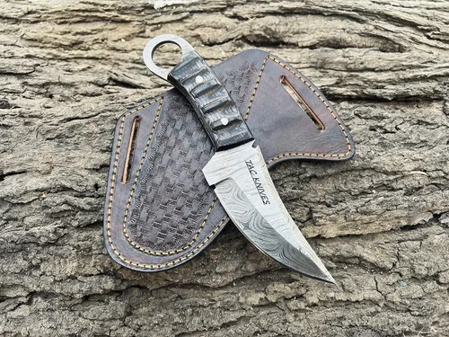 Miniatura 7 de TAC Knives - Cuchillo de supervivencia Bushcraft 12T27 de acero de Damasco con hoja fija para exteriores - Mango de madera Pakka - Funda de cuero