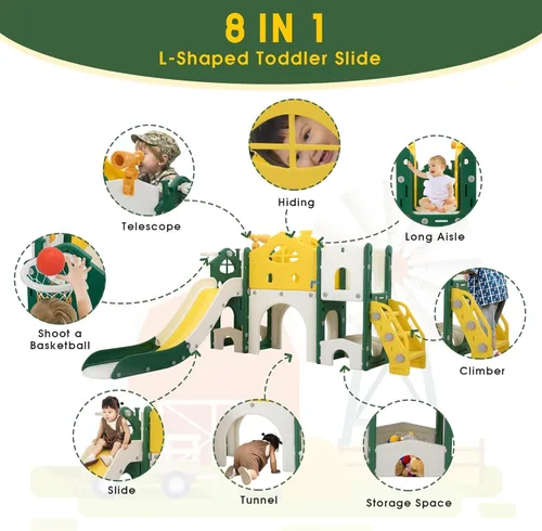 Miniatura 3 de JAXPETY Juego de tobogán y escalador 8 en 1 para niños pequeños, para interiores y exteriores, con escaleras, túnel, telescopio, almacenamiento, aro