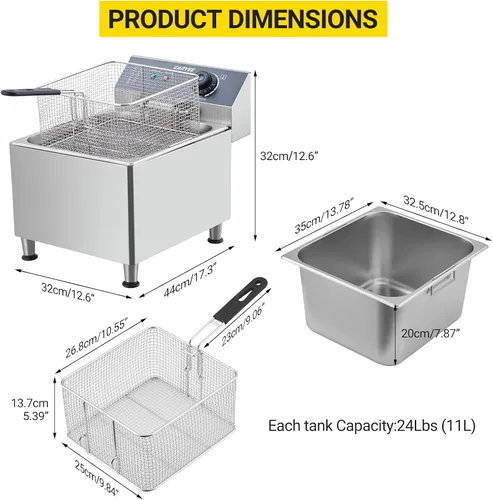 Miniatura 3 de Freidora comercial doble de 3400 W, freidora de encimera de acero inoxidable 201 con 2 cestas ajustables, tapas protectoras contra salpicaduras