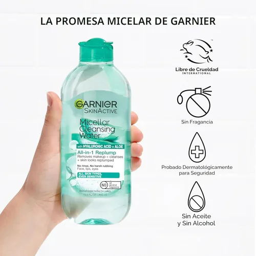 Miniatura 5 de Garnier Agua micelar con ácido hialurónico, limpiador facial y removedor de maquillaje, hidratante y relleno, para todo tipo de piel, vegano, libre