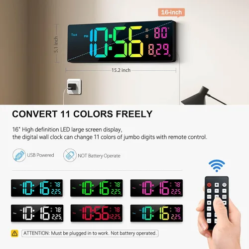 Miniatura 2 de Reloj de pared digital de 16 pulgadas, relojes de pared con 11 colores RGB, reloj despertador con luces nocturnas, reloj digital grande para sala