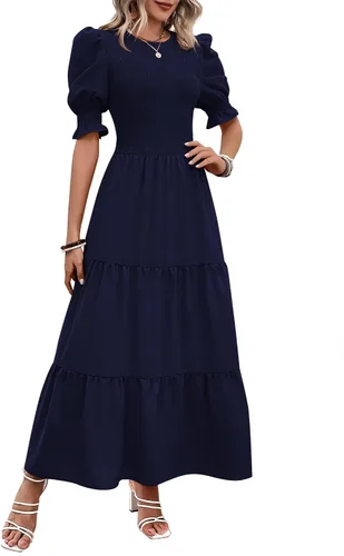 Miniatura 76 de BTFBM Vestidos para mujer, cuello redondo, casual, de verano, con volantes, manga corta, bohemio, con niveles, fruncido, largo, con estampado floral
