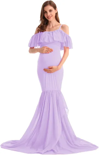 Miniatura 25 de MYRISAM Vestido de maternidad con volantes y hombros descubiertos para mujer, vestido de fiesta de sirena de gasa, vestido ajustado