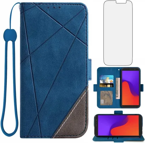 Asuwish Compatible con Tracfone BLU View 2 B130DL - Funda tipo cartera y protector de pantalla de vidrio templado, soporte para tarjetero,