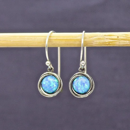 Miniatura 4 de Opal Earrings, Sterling Silver Dangle Earrings for women, Small round Blue Opal silver dangle earring, October Birthstone, Simple Opal earrings