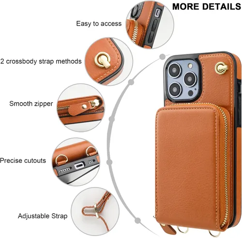 Miniatura 6 de KIHUWEY Funda tipo cartera cruzada para iPhone 14 Pro Max, funda con bolsillo con cremallera y soporte para tarjetas, funda protectora de piel Marrón