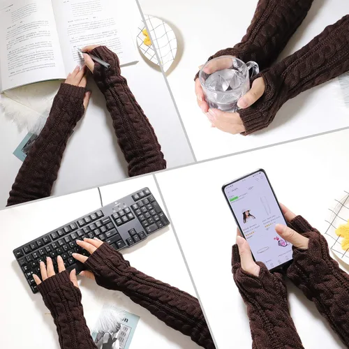 Miniatura 24 de Bellady Guantes de invierno para mujer, cálidos sobre el codo, guantes largos sin dedos con agujero para el pulgar, guantes de punto para calentar