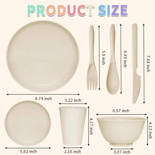 Miniatura 2 de 42 piezas Juego de vajilla de paja de trigo - SHECIPIN Juego de vajilla irrompible reutilizable para cocina, tazas, platos y cuencos, apto para Beige
