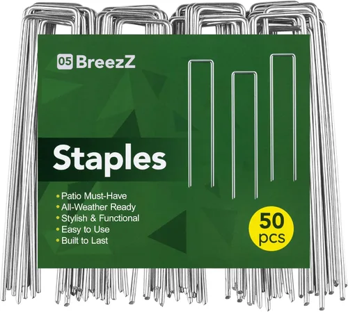 BreezZ Paquete de 50 grapas de jardín de 6 pulgadas, calibre 12, pines galvanizados de alta resistencia, estacas de suelo para barrera de malas