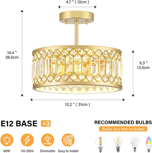 Miniatura 2 de YURNYQ Lámpara de Techo de Cristal, Moderna Lámpara de Techo Semi Empotrada, Luminarias de Techo Cromadas para Pasillo, Cocina, Entrada, Dormitorio