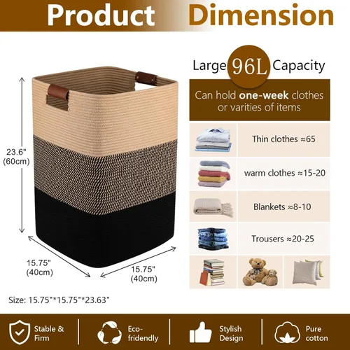 Miniatura 4 de Cesta de Ropa Sucia 96L Extra Grande Cesta de Lavandería, Cesta Tejida para Mantas, Cesta de Almacenamiento Tejida de Algodón con Asas para Sala