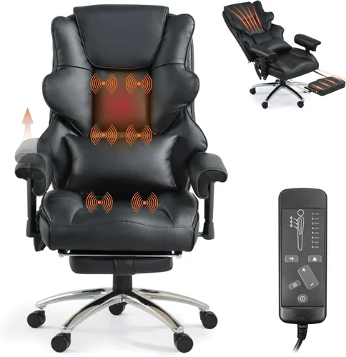 Silla de Oficina de Masaje con Reposapiés, Silla de Oficina Ejecutiva Ergonómica con Calefacción y Respaldo Reclinable, Brazos Ajustables y Soporte