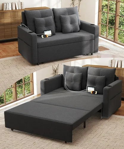 Krcix Sofá cama 3 en 1, sofá cama convertible de 56 pulgadas, sofá biplaza con portavasos, USB, sofá para sala de estar, dormitorio, apartamento,