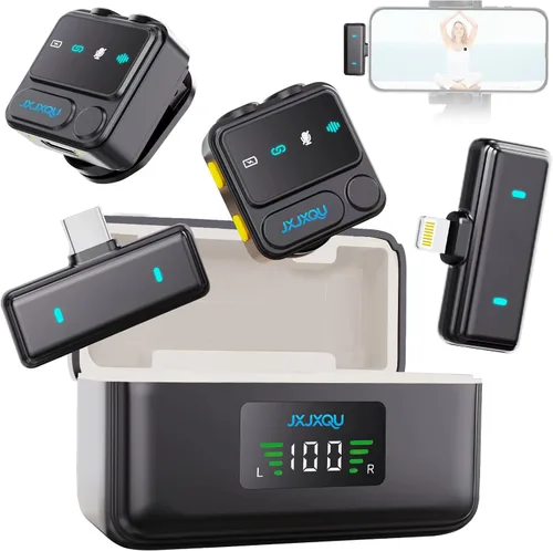 Miniatura 9 de Micrófono Lavalier inalámbrico para iPhone: micrófono JXJXQU con reducción de ruido inteligente, efecto de reverberación, batería de 30 H+, diseño