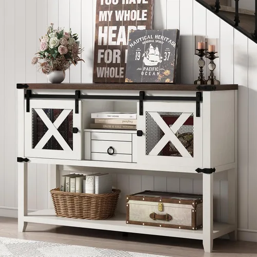 Miniatura 9 de Hlivelood Mesa de Entrada Estilo Granja con 2 Puertas Corredizas de Granero y Cajón, Mesa Consola Rústica de 46'' con Almacenamiento, Espacio