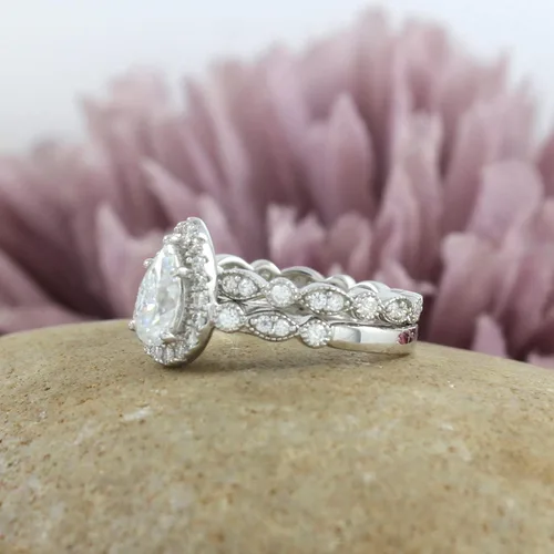 Miniatura 2 de Juego de anillos de compromiso de oro de plata de ley 925 de 1.4 quilates, anillo de compromiso con halo de diamante de moissanita