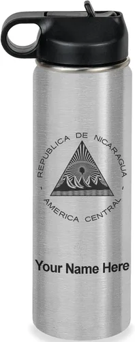 Miniatura 47 de LaserGram Botella de agua personalizada, bandera de Nicaragua, acero inoxidable de doble pared aislada al vacío con popote superior, regalo grabado