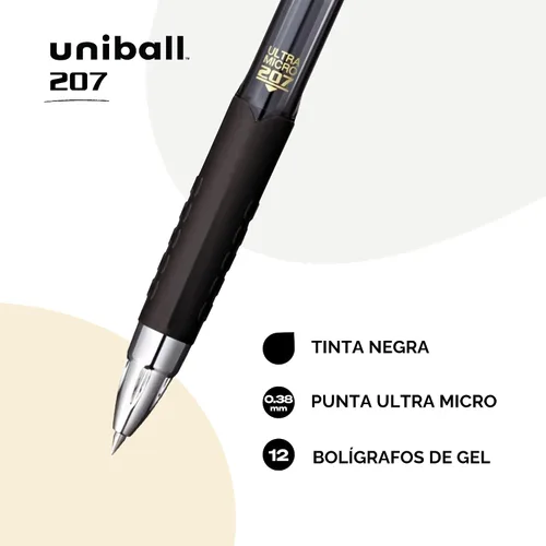 Miniatura 3 de Bolígrafos de gel retráctiles Uni-Ball 207, punta ultra micro (0.38 mm), negro, paquete de 12
