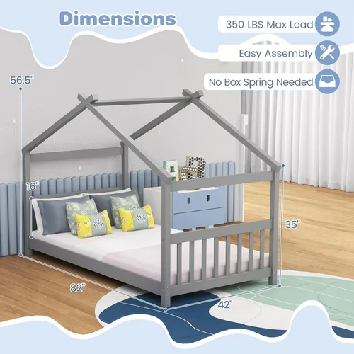 Miniatura 2 de KOMFOTT Cama de Casa de Madera Twin para Niños, Marco de Cama de Piso de Perfil Bajo con Techo, Cabecera y Pie de Cama para Niños y Niñas, No