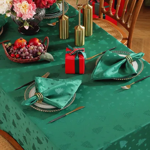 Miniatura 11 de Honellaty Mantel Verde de Navidad, Tela Jacquard con Patrón de Árbol de Navidad Mantel Rectangular, Mantel de Damasco para Mesas Rectangulares