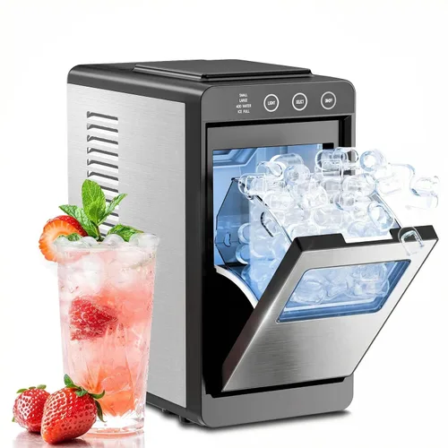 Kismile Máquina de hielo portátil de 26 libras/24 horas con 2 tamaños de hielo, luz interior, autolimpieza, 8 cubos en 6 minutos, máquina de hielo