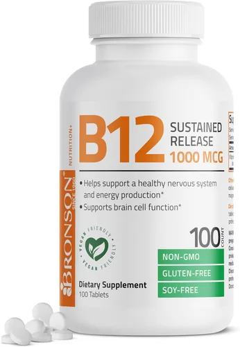 Bronson Vitamina B12 1000 mcg de liberación sostenida tabletas premium sin OMG que apoyan el sistema nervioso, la función cerebral saludable y la