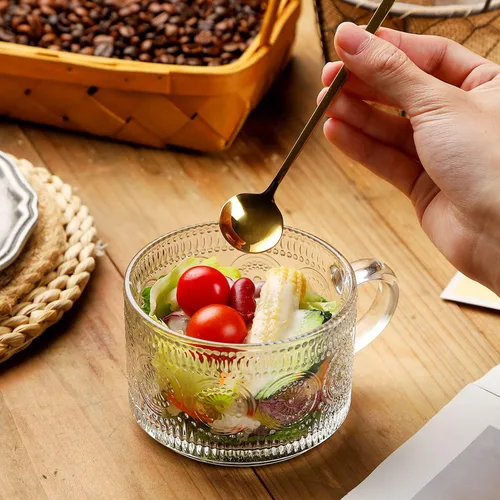 Miniatura 3 de WHJY Tazas de café de vidrio vintage con cuchara, juego de 2 tazas de café de vidrio acanalado expreso, tazas de té en relieve, tazas de té