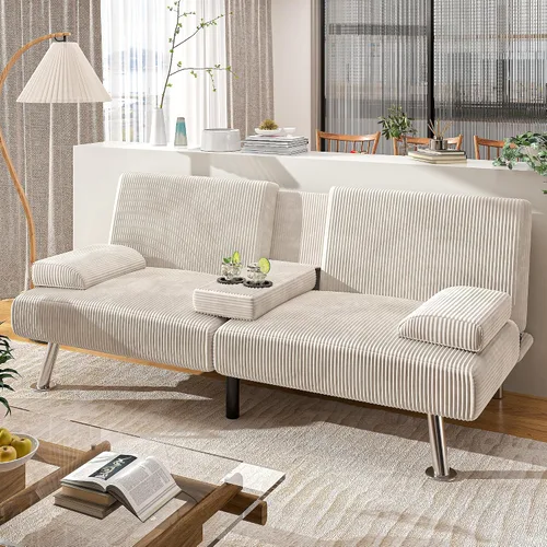 Shahoo - Sofá moderno tapizado, futón convertible plegable con reposabrazos removibles, patas de metal, 2 portavasos para sala de estar, beige
