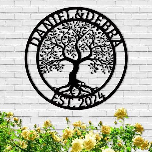 Arte de pared personalizado del Árbol de la vida, decoración personalizada con apellido, letrero de metal para balcón exterior, arte de pared con