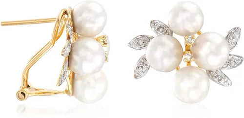 Miniatura 3 de Ross-Simons Pendientes de perlas cultivadas de 5,5 a 0.236in con detalles de diamante en oro amarillo de 14 quilates