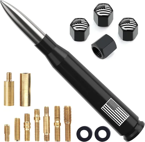 Miniatura 30 de Antena de camión para automóvil con tapas de válvula de neumáticos, bandera estadounidense, repuesto corto universal para GMC Sierra, Chevy, Negro