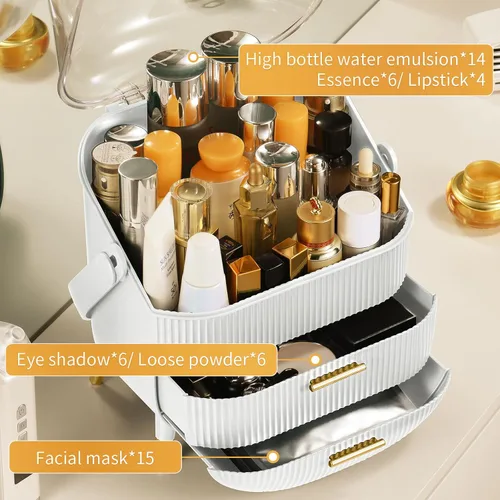 Miniatura 3 de CANITORON Organizador de maquillaje, organizador de cuidado de la piel de gran capacidad para tocador, organizador de cosméticos con 2 cajones