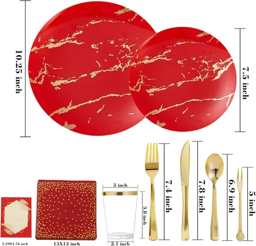 Miniatura 2 de N9R Juego de vajilla de plástico de 225 piezas de oro rojo – desechable para el Día de la Madre, incluye 25 platos llanos, 25 platos de postre, 25