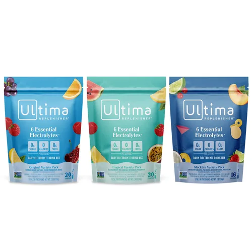 Ultima Replenisher Mezcla diaria de electrolitos en polvo – Sin azúcar – Tropical, Mocktini, variedad original, 56 paquetes de barras – Paquetes de