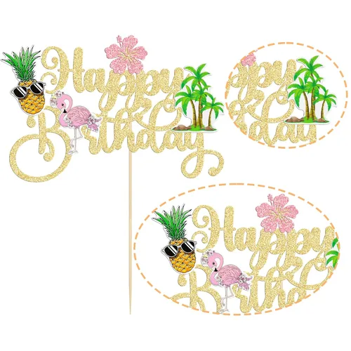 Miniatura 3 de Gyufise 1 pieza de decoración de pastel de feliz cumpleaños tropical hawaiano Luau pastel Pick Glitter Flamingo Flower Plam Leave Pineapple Cake