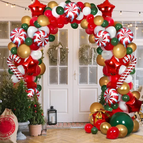 Miniatura 7 de RUODON Kit de arco de globos de Navidad, 233 piezas con dulces, bastón, látex, caja de regalo y globos de estrella para decoraciones de fiesta