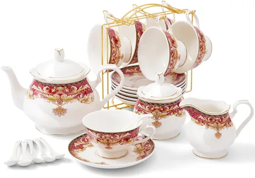 Miniatura 7 de DUJUST Juego de té de porcelana de 22 piezas para 6, lujoso juego de tazas de té/café estilo británico con ribete dorado, hermoso juego de té