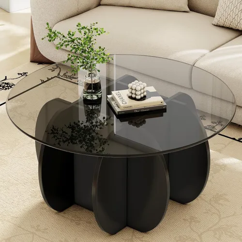 Mesa de centro para sala de estar, mesa central redonda moderna de mediados de siglo con parte superior de cristal, color negro