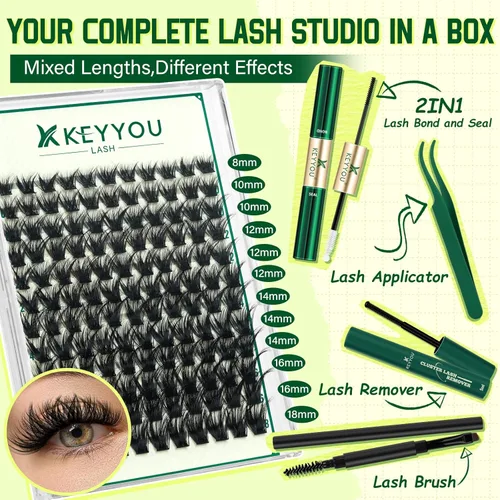 Miniatura 4 de KEYYOU - Kit de extensión de pestañas para bricolaje, 144 pestañas en racimo, kit con cepillo tipo rímel, pegamento para unir y sellar, removedor